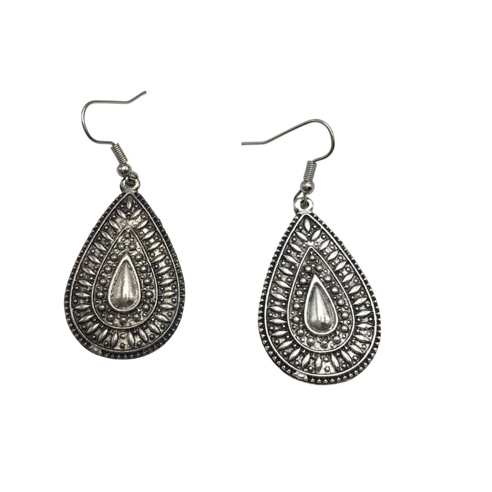 Silver Tone Teardrop Dangle Earrings Embossed Ethnic Style Hook